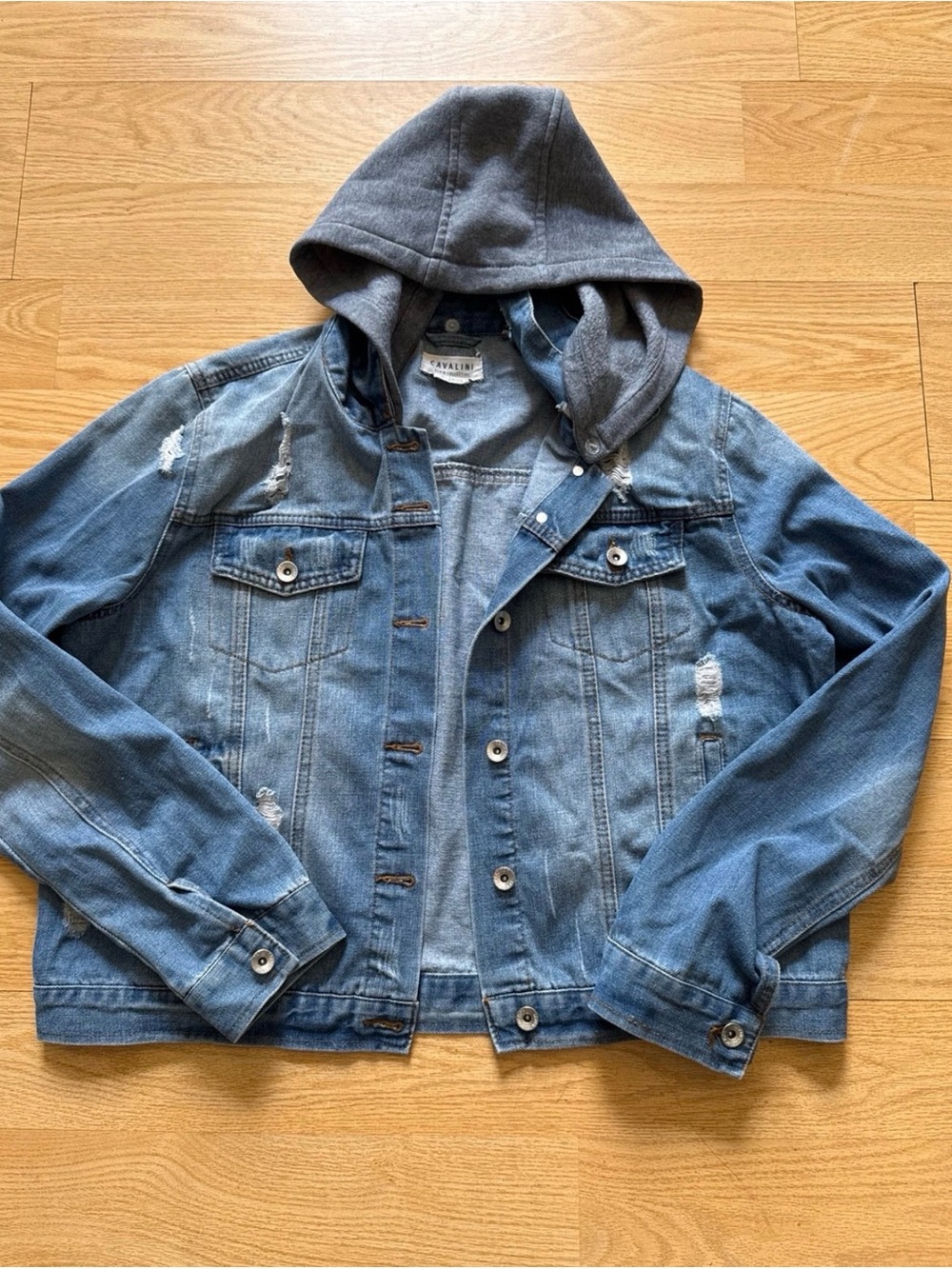 Men's Cavalini Distressed Denim Jean Jacket with Hoodie